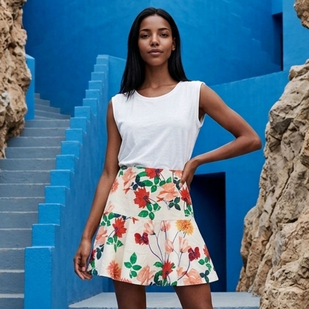 BB Dakota Goodwin Floral Print Trumpet Mini Skirt High-Waisted Frilly